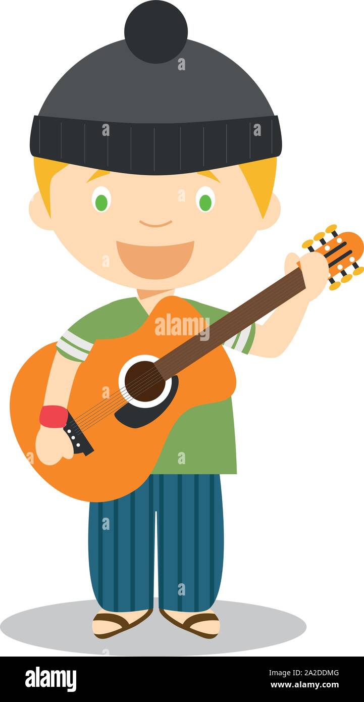 Cartoon carino illustrazione vettoriale di un musicista con una chitarra Illustrazione Vettoriale