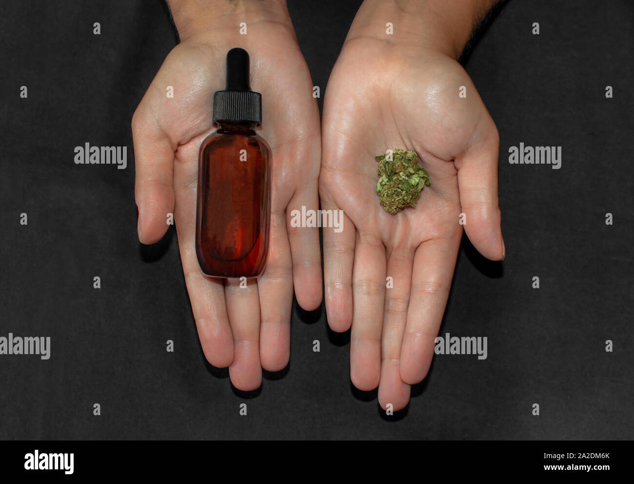 Che mostra le mani e il confronto di un bocciolo di marijuana e una bottiglia di olio in CBD, un potente estratto di cannabis. Rimedio naturale utilizzato per il dolore e le malattie. Foto Stock