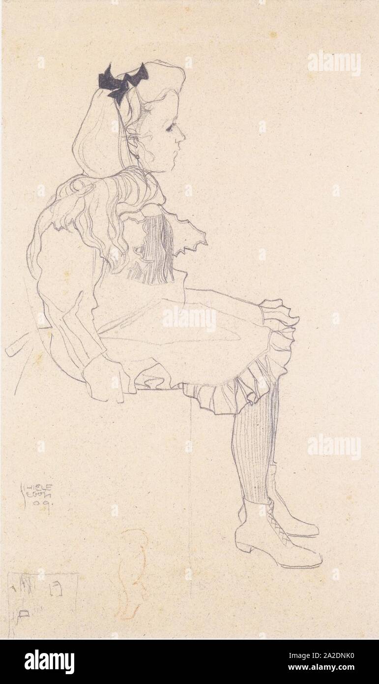 Egon Schiele - Sitzende Mädchen mit Haarmasche - 1909. Foto Stock