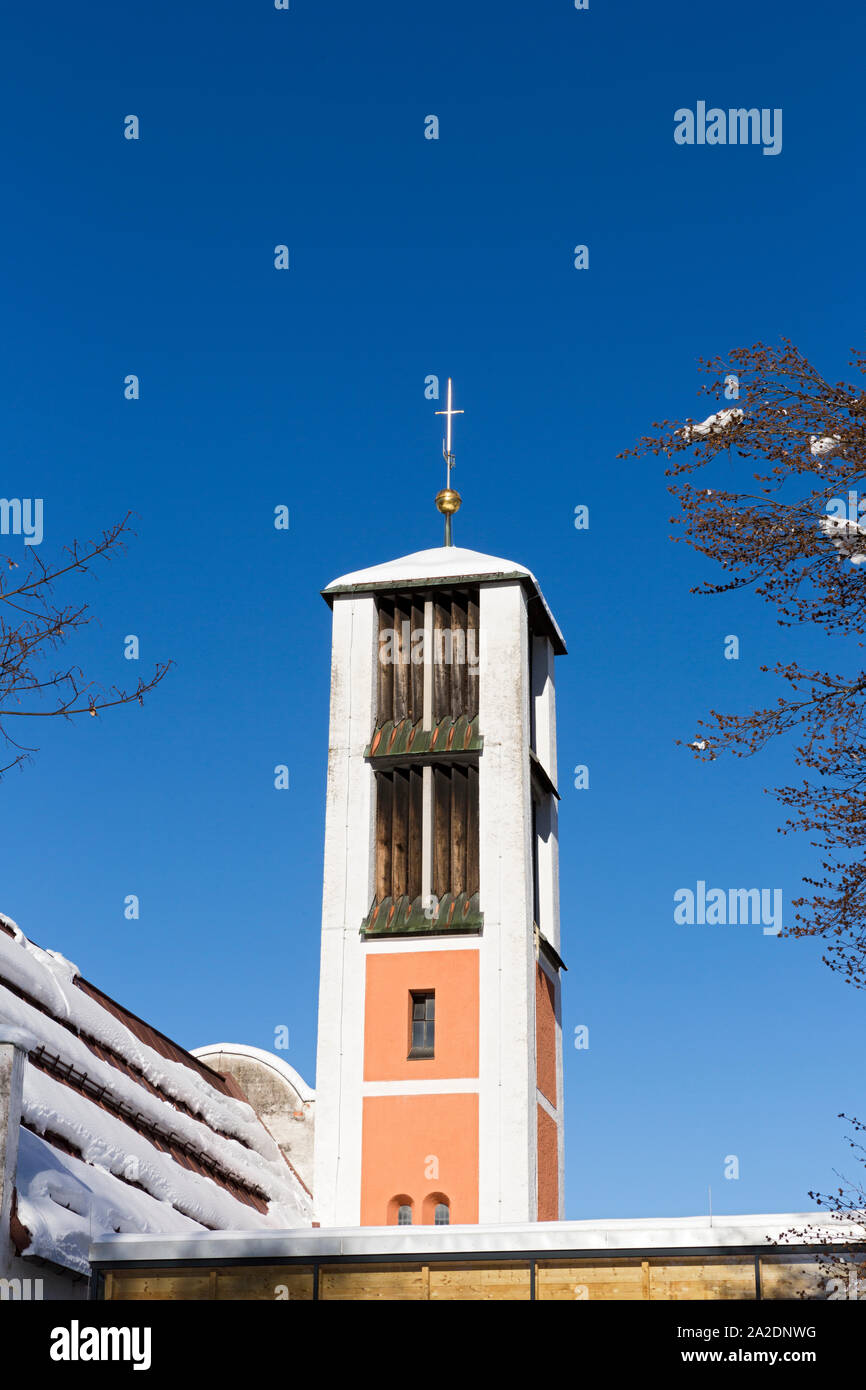 Oberstdorf, Kirchturm, Dach, Schnee Foto Stock