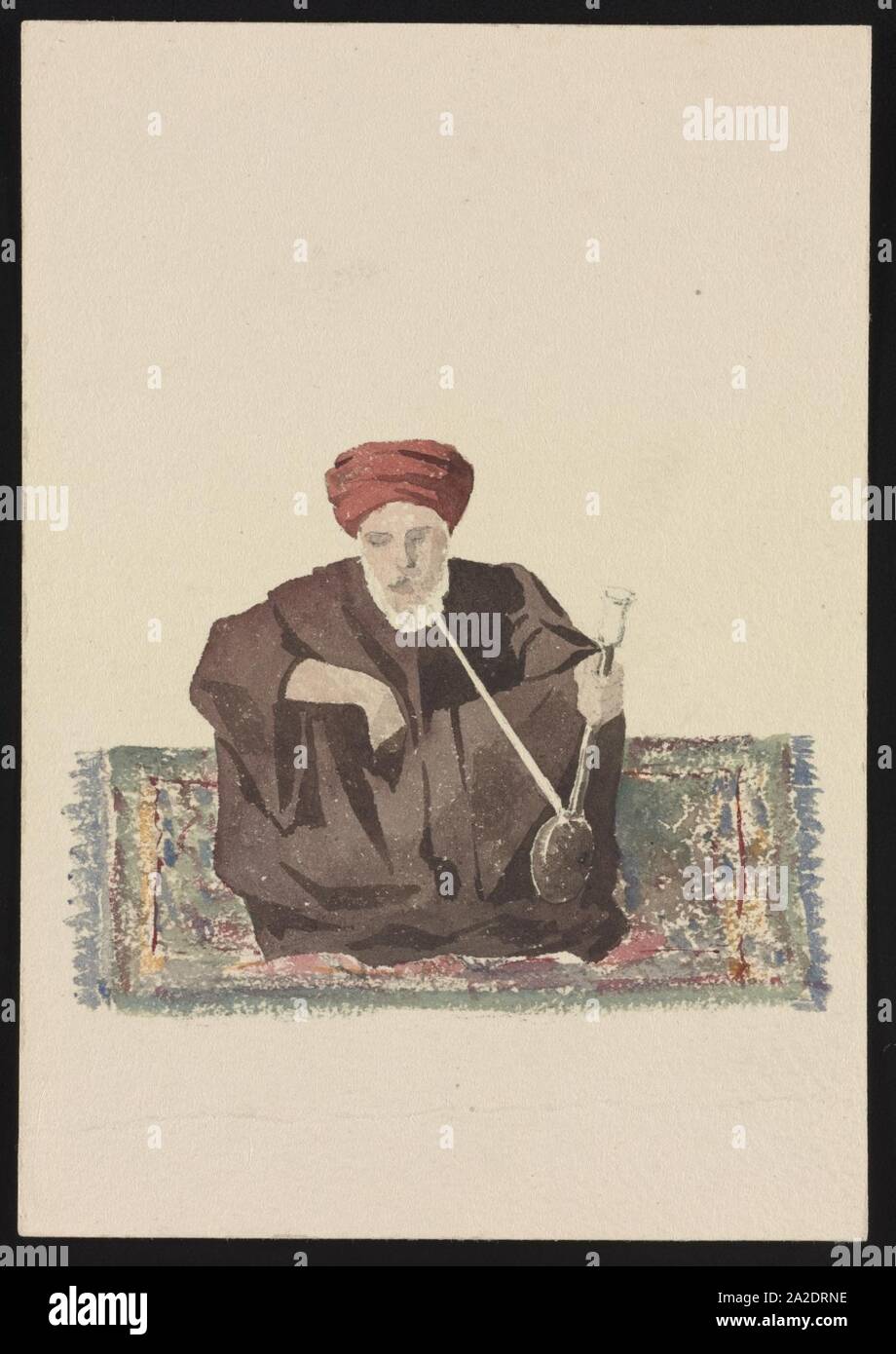 Egyptian uomo seduto su un tappeto e fumare un narghilè Foto Stock