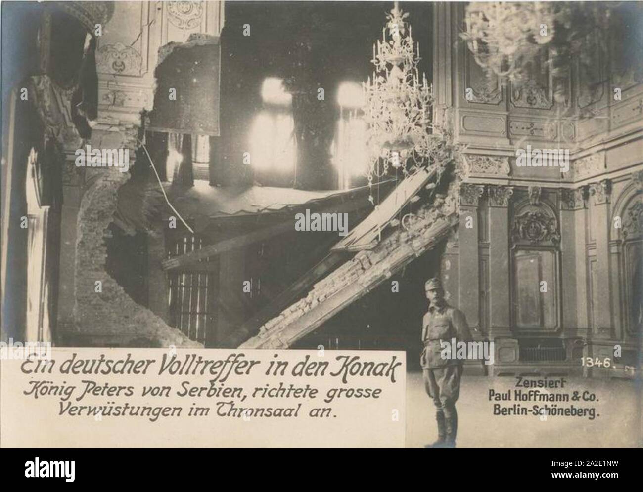 Ein deutscher Volltreffer in den Konak König Peters von Serbien. Foto Stock
