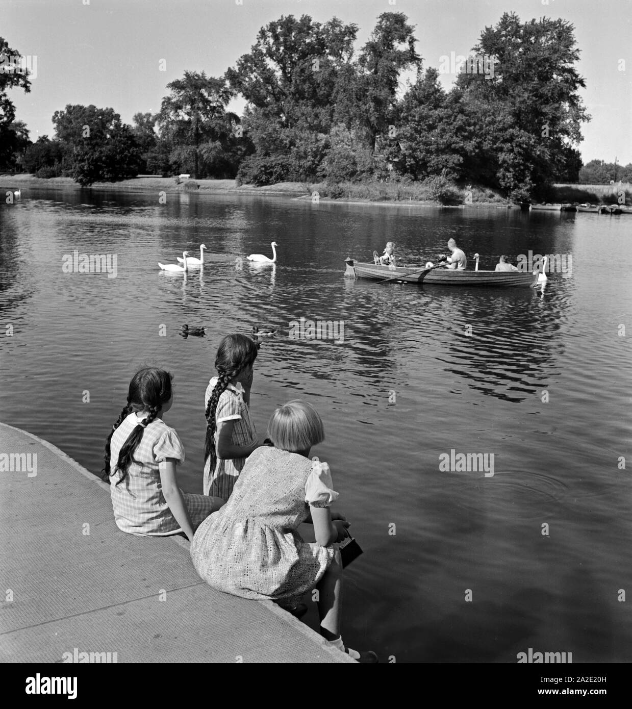 Drei Mädchen sitzen am Ufer des Adolf Mittag vede in Magdeburg und beobachten Schwäne und eine Familie im Ruderboot, Deutschland 1930er Jahre. Le tre ragazze seduti sulla riva del Adolf Mittag guardando il lago dei cigni e una famiglia di canottaggio a Magdeburgo, Germania 1930s. Foto Stock