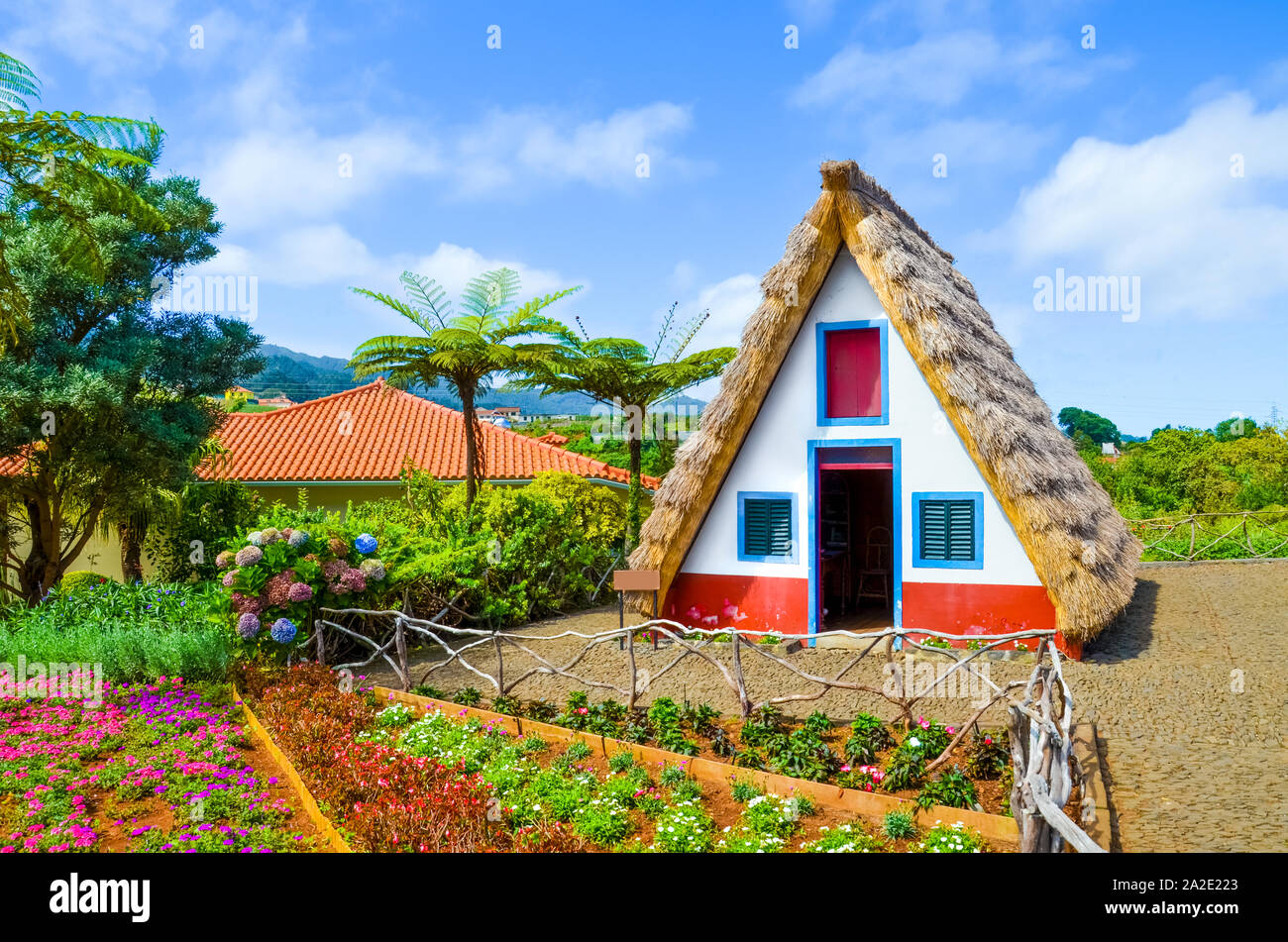 Vecchie case tradizionali a Santana, Isola di Madeira, Portogallo. Legno, piccoli, triangolare e case colorate rappresentano una parte del patrimonio di Madeira. Circondato da fiori. Attrazione turistica. Foto Stock