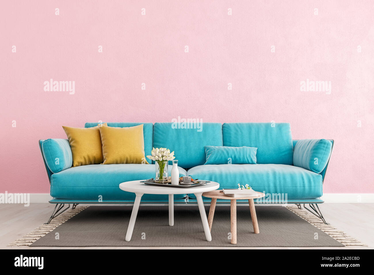 Soggiorno rosa millenario parete interna mock up con la luce blu divano, parete bianca e vuota con spazio libero sopra sulla parte superiore, 3D rendering 3D illustrazione Foto Stock