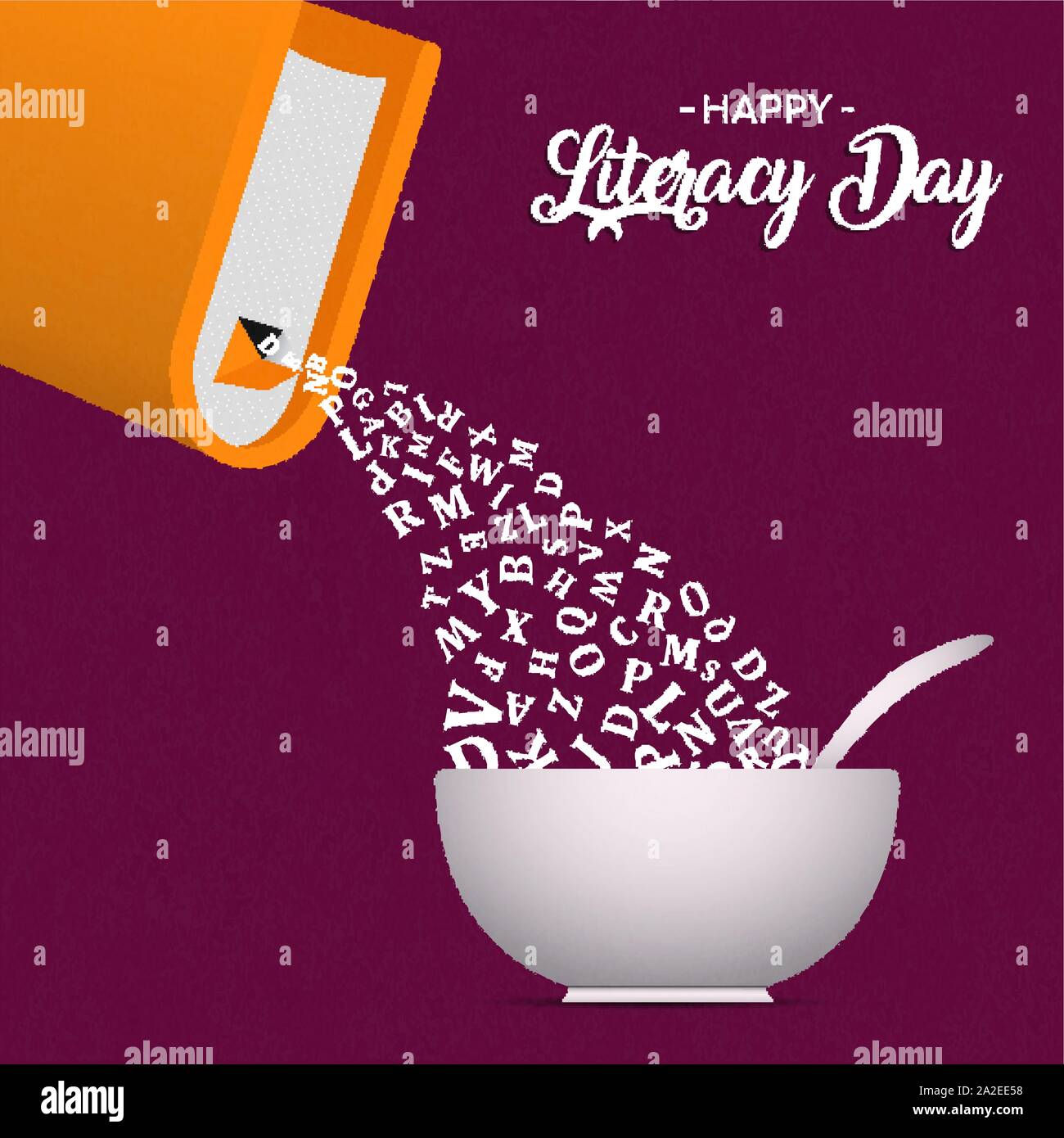 Giornata internazionale dell'Alfabetizzazione greeting card illustrazione del libro con lettere dell'alfabeto come cereali o prodotti alimentari. Lettura del concetto di immaginazione per l'istruzione holid Illustrazione Vettoriale