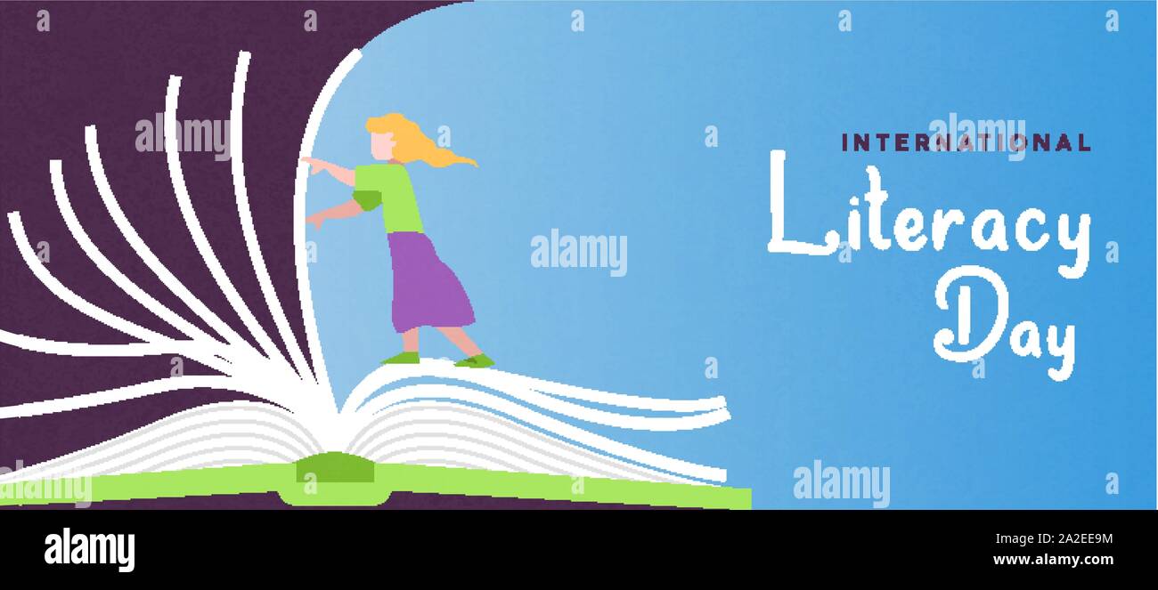Giornata internazionale dell'Alfabetizzazione illustrazione della ragazza girando le pagine del libro. I bambini del concetto di conoscenza per l educazione e l apprendimento evento. Illustrazione Vettoriale