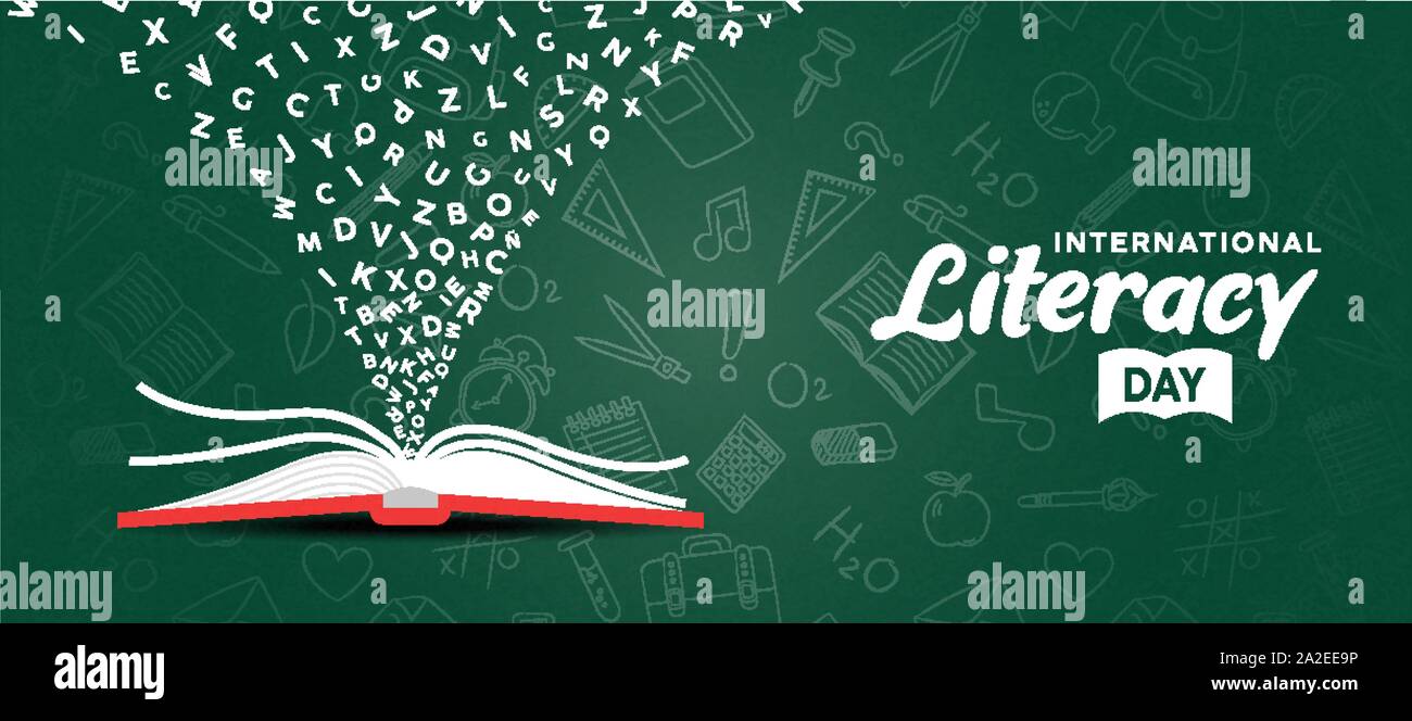 Giornata internazionale dell'Alfabetizzazione greeting card illustrazione del libro aperto con alfabeto lettere su chalk board dello sfondo. Bambini educazione o la lettura imag Illustrazione Vettoriale