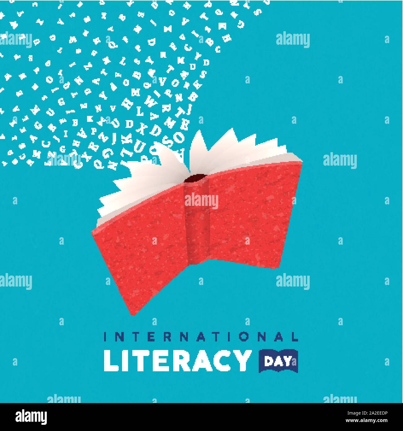 Giorno di alfabetizzazione illustrazione del libro aperto con lettere dell'alfabeto di simboli. Il concetto di istruzione per i bambini delle scuole di apprendimento. Illustrazione Vettoriale