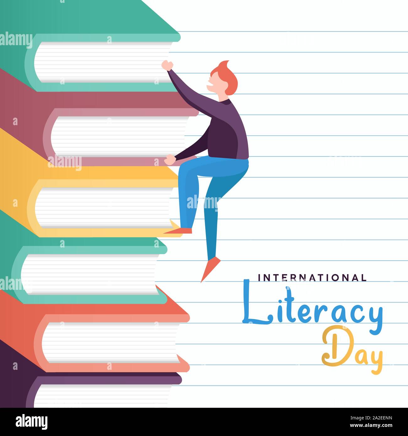 Giornata internazionale dell'Alfabetizzazione illustrazione del ragazzo libro di arrampicata montagna. I bambini del concetto di conoscenza per l educazione e l apprendimento evento. Illustrazione Vettoriale