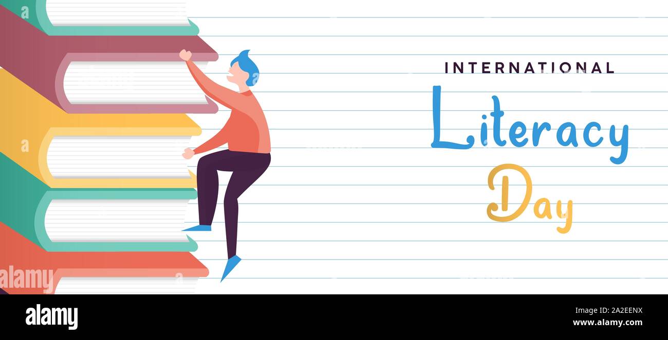 Giornata internazionale dell'Alfabetizzazione illustrazione del ragazzo libro di arrampicata montagna. I bambini del concetto di conoscenza per l educazione e l apprendimento evento. Illustrazione Vettoriale
