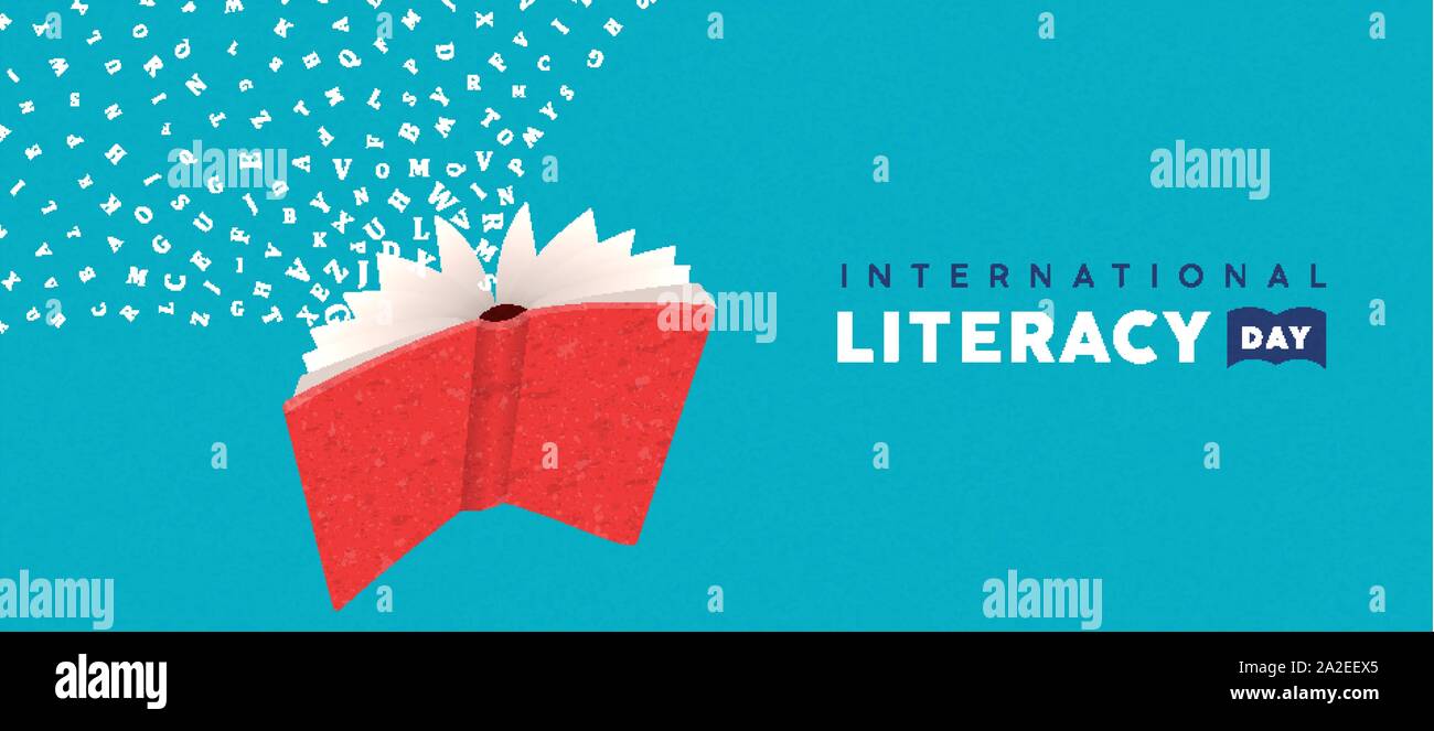 Giorno di alfabetizzazione illustrazione del libro aperto con lettere dell'alfabeto di simboli. Il concetto di istruzione per i bambini delle scuole di apprendimento. Illustrazione Vettoriale