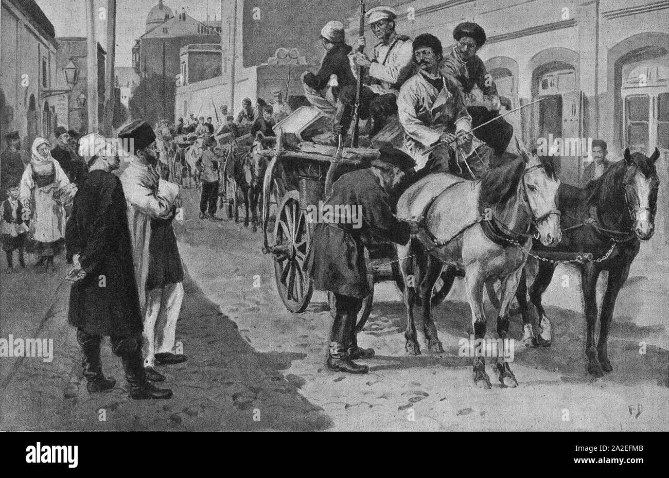 El imperio del terrore en Bakú, tártaros acompañados de n.a. escolta de tropas para evitar los ataques de los armenios. Foto Stock