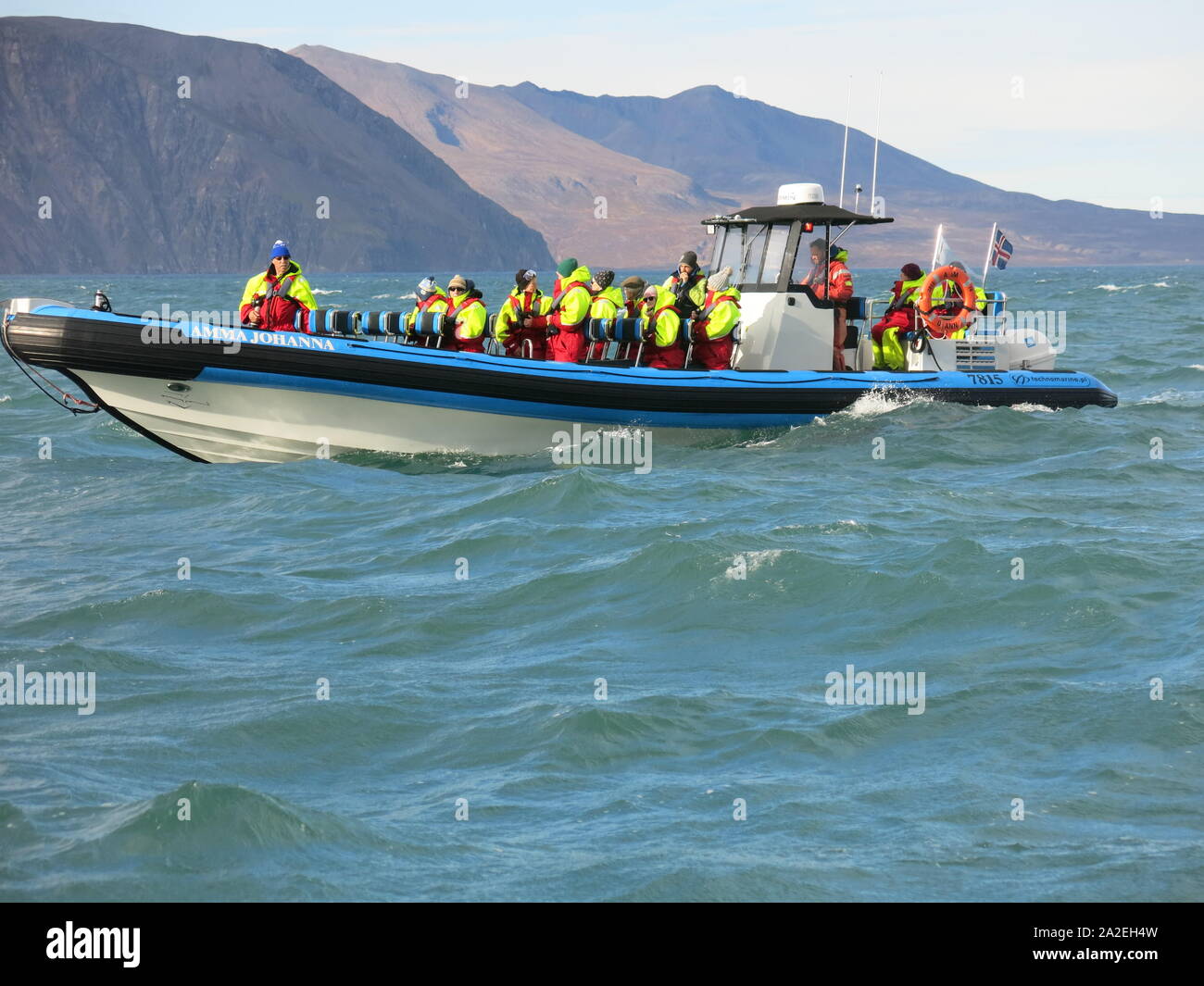 I turisti in indumenti protettivi sono in piedi su una whale-watching nervatura per cavalcare le onde increspato al largo della costa di Islanda Foto Stock