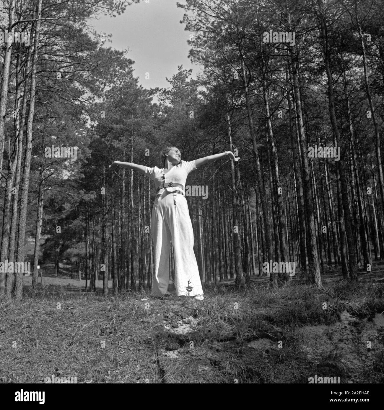 Eine junge Frau streckt sich im Wald, Deutschland 1930er Jahre. Una giovane donna stiramento ad una foresta, Germania 1930s. Foto Stock