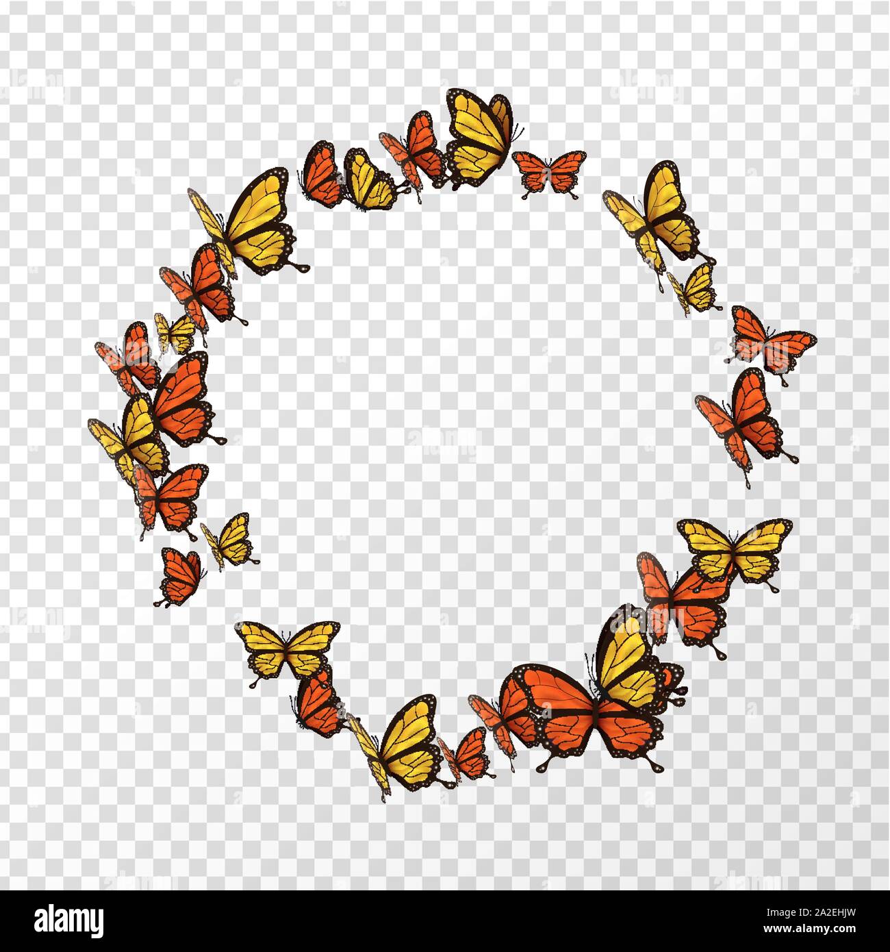 Arancio e Giallo farfalla telaio circolare su sfondo trasparente con copia spazio. Turno isolato farfalle volare. Illustrazione Vettoriale