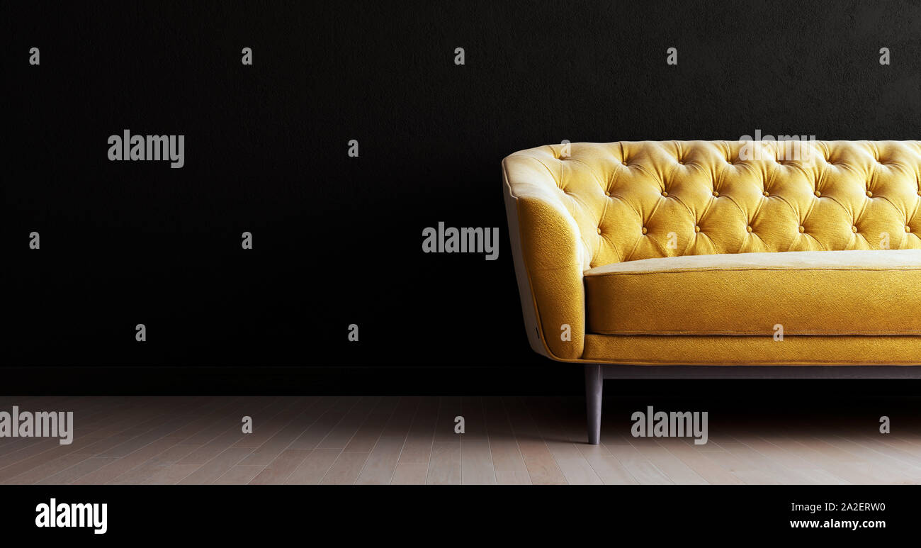 Soggiorno nero parete interna mock up con colore oro divano, parete bianca e vuota con lo spazio libero sulla sinistra, 3D rendering 3D illustrazione Foto Stock