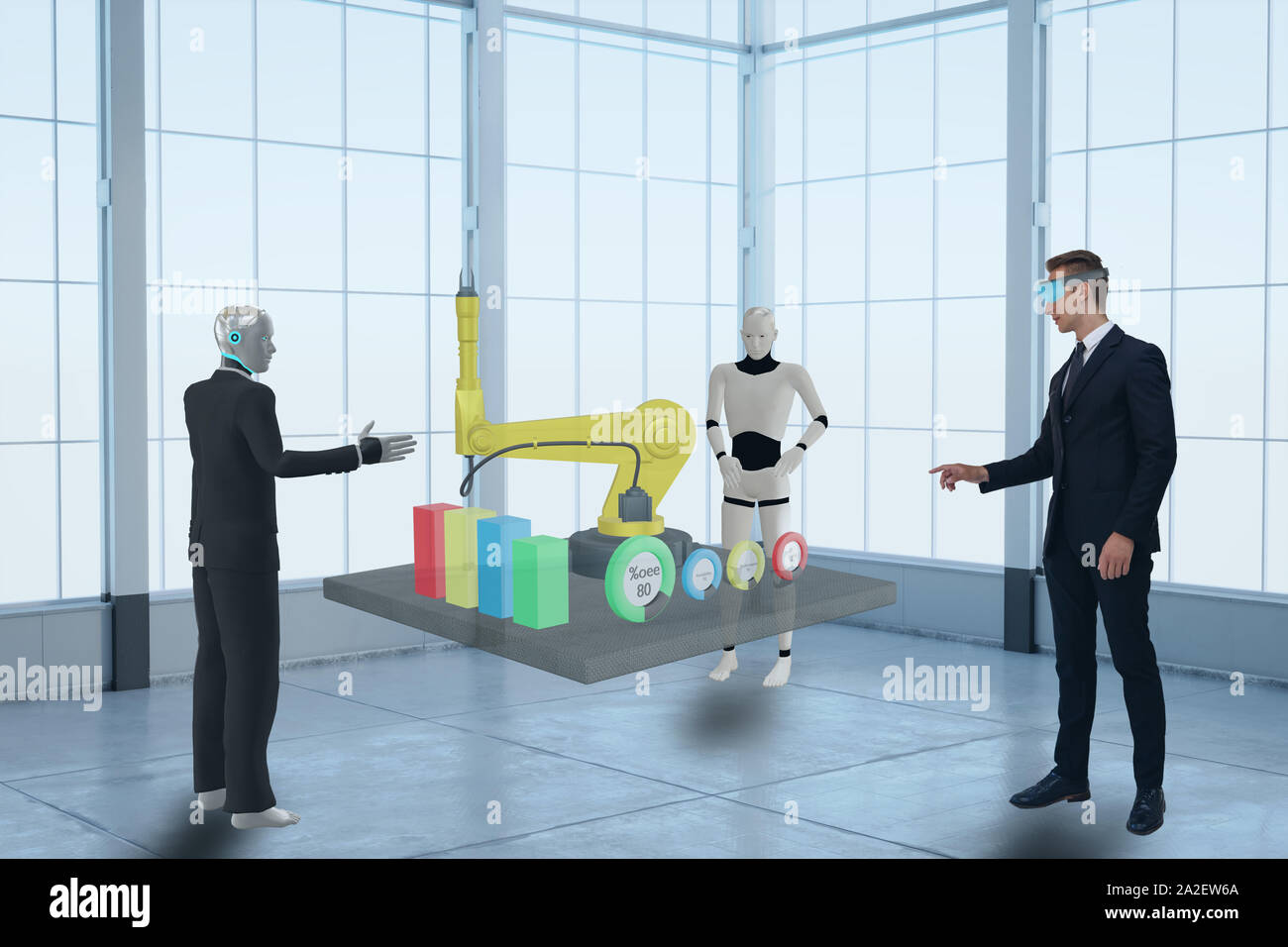 3D rendering business man utilizzando virtual miscelato alla realtà aumentata e discutere con artificiale robot intelligente circa i dati nel settore, nella produzione, f Foto Stock