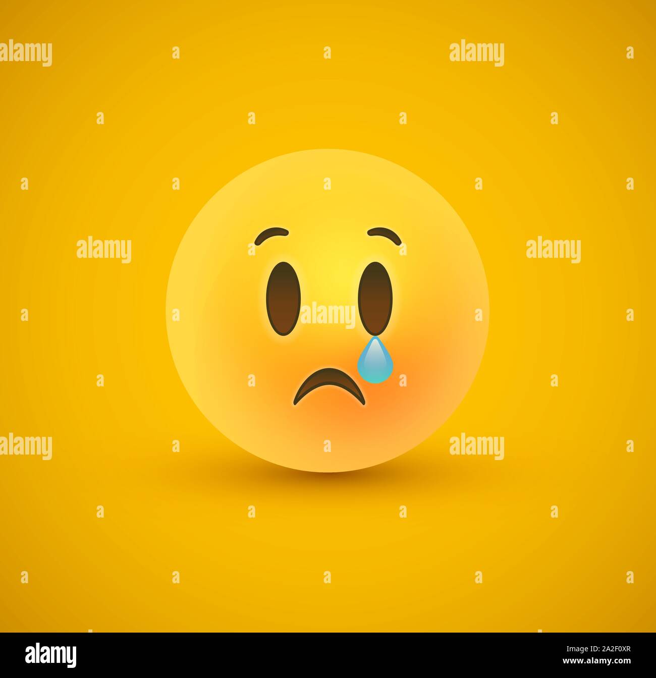 Triste 3d'emoticon faccia sul giallo il colore dello sfondo. Tristezza moderna reazione per bambini o adolescenti concetto di espressione. Realistico simbolo chat piangere lacrime. Illustrazione Vettoriale
