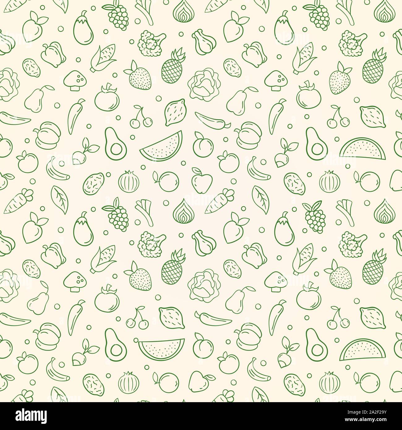 Alimenti naturali seamless pattern di contorno verde di vegetali e frutta icone. Gli alimenti biologici concetto illustrazione dello sfondo con disegnati a mano ingred di cottura Illustrazione Vettoriale