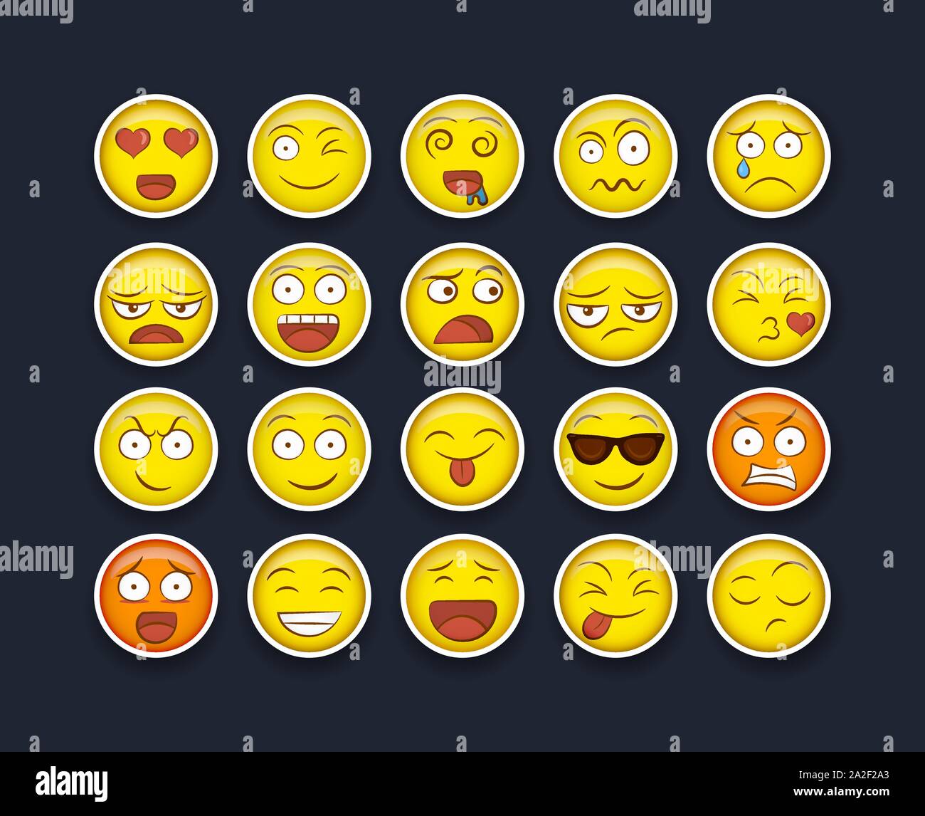 Divertimento gialli Smiley face di adesivi su sfondo isolato. Diverse reazione sociale raccolta per la moderna teen o figli di concetto di comunicazione. Illustrazione Vettoriale