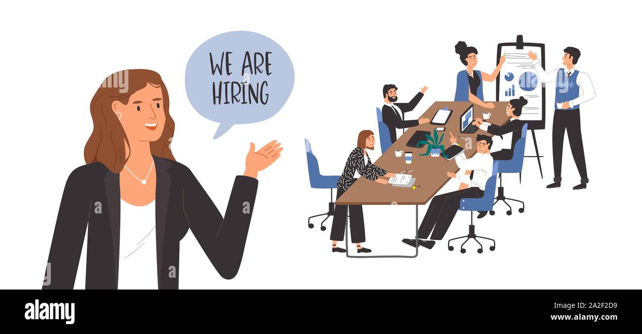 Stiamo assumendo Modello per ufficio vacante posizione. Happy business boss con workplace scena di diversi uomini e donne d'affari. Lavoratore aziendale posto vacante Illustrazione Vettoriale