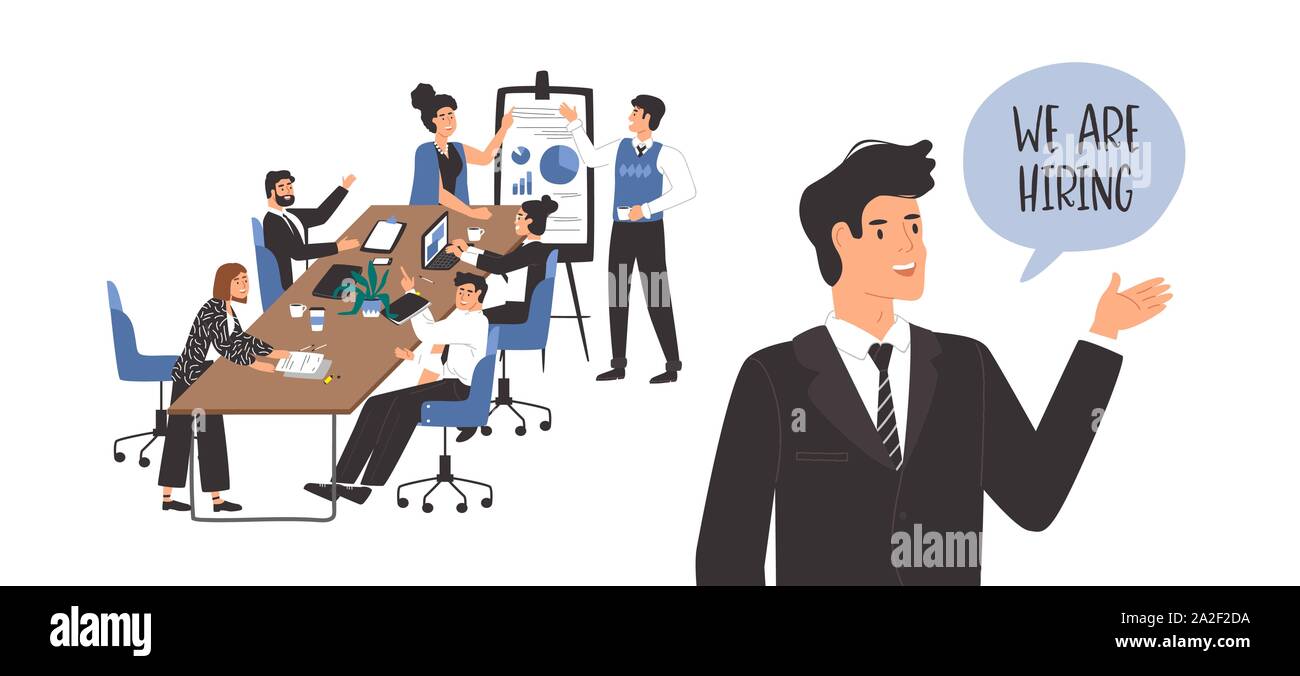 Stiamo assumendo Modello per ufficio vacante posizione. Happy business boss con workplace scena di diversi uomini e donne d'affari. Lavoratore aziendale posto vacante Illustrazione Vettoriale