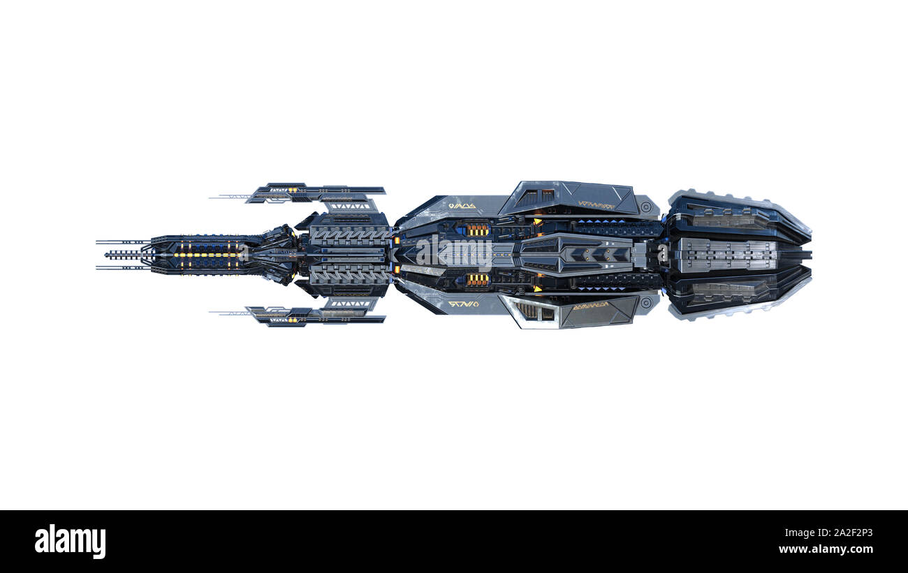 Alien nave madre, UFO navicella spaziale in volo isolati su sfondo bianco, vista laterale, rendering 3D Foto Stock