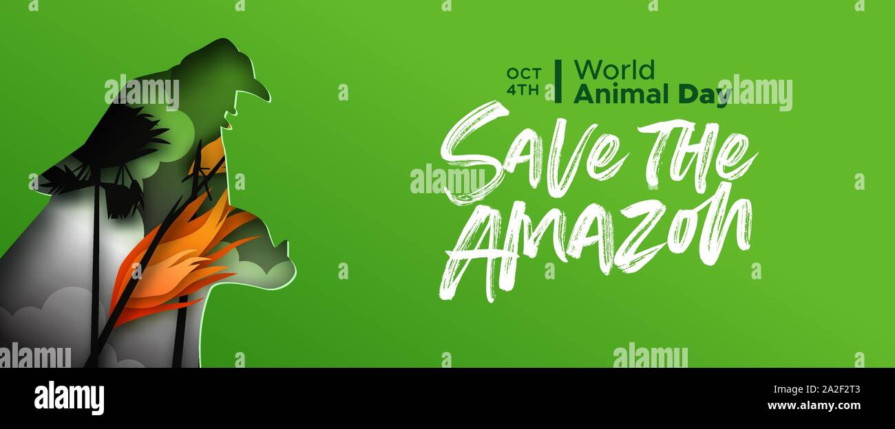 Per salvare l'amazzonia papercut banner web per la Giornata mondiale dell'animale. Carta tagliata jaguar cat scoppiettante con la bocca aperta e gli incendi forestali paesaggio. Specie in via di estinzione c Illustrazione Vettoriale