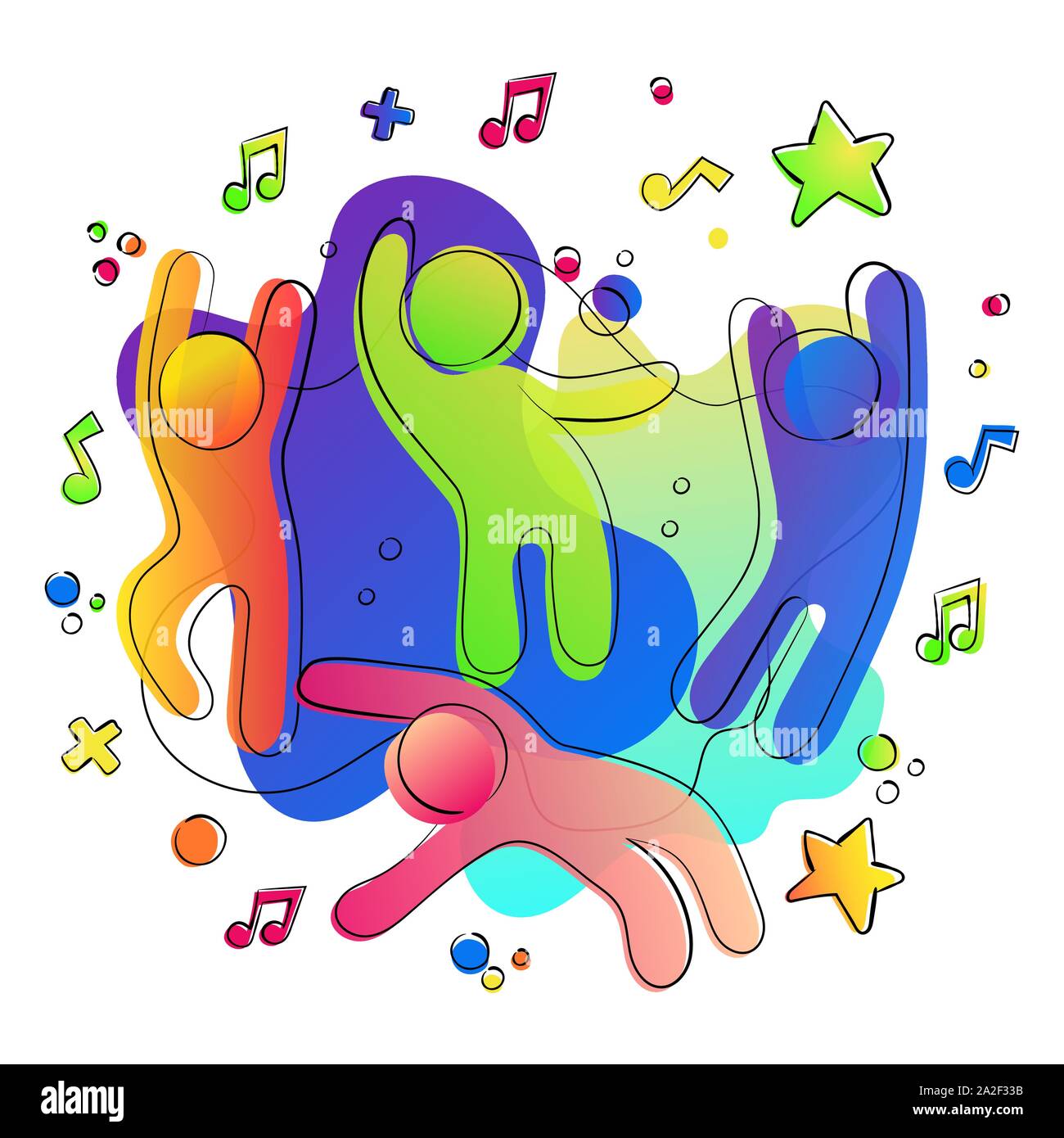 Il concetto di amicizia di felice amici in festa insieme con colorati social media le icone e le note musicali. Illustrazione Vettoriale