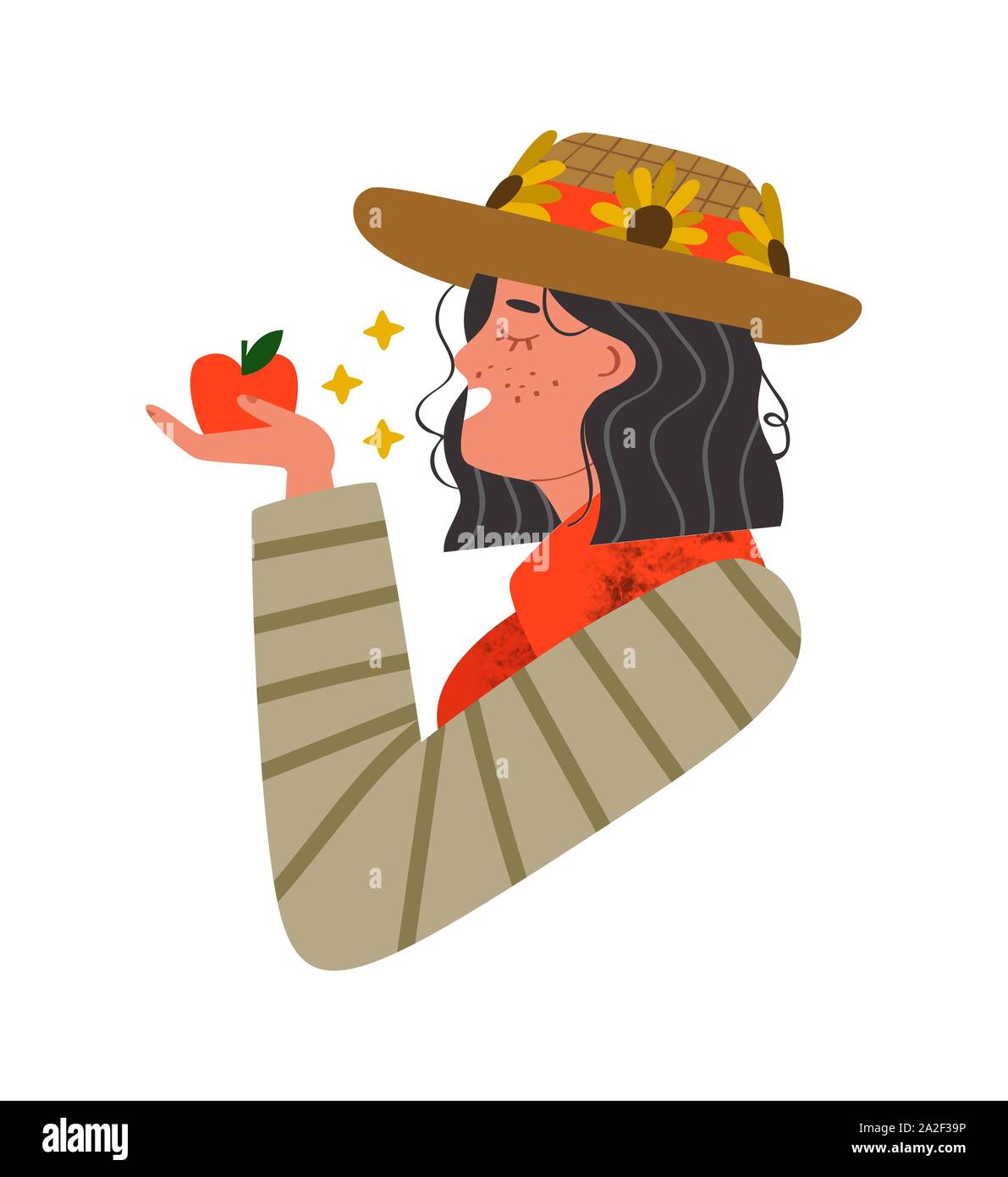 Donna felice holding fresh apple rosso isolato su sfondo bianco. Azienda agricola biologica o il concetto di agricoltura. Illustrazione Vettoriale