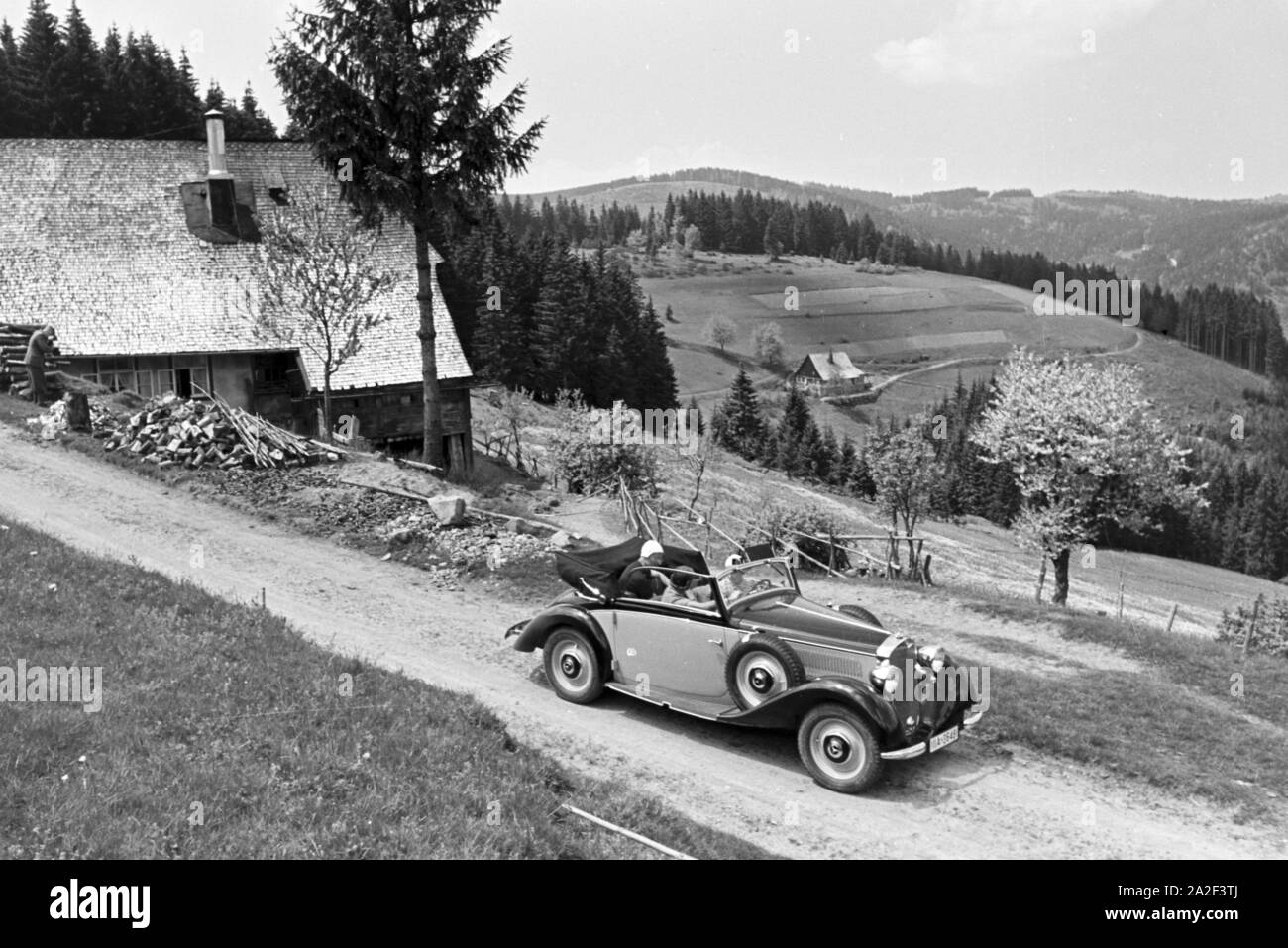 Autoreisende fahren im Cabrio durch den Schwarzwald, Deutschland 1930er Jahre. Un viaggio in automobile nel trogolo convertibile la Foresta Nera, Germania 1930s. Foto Stock