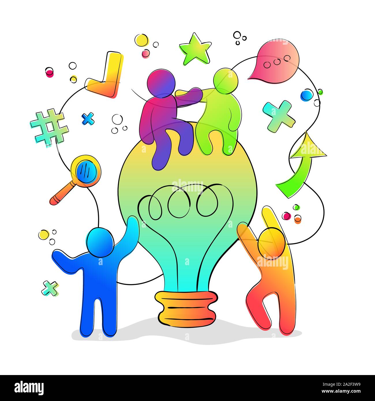 Divertente idea creativa concetto con colorati di persone che lavorano insieme su grandi lampadina. Sessione di brainstorming o progetto di creatività illustrazione. Illustrazione Vettoriale