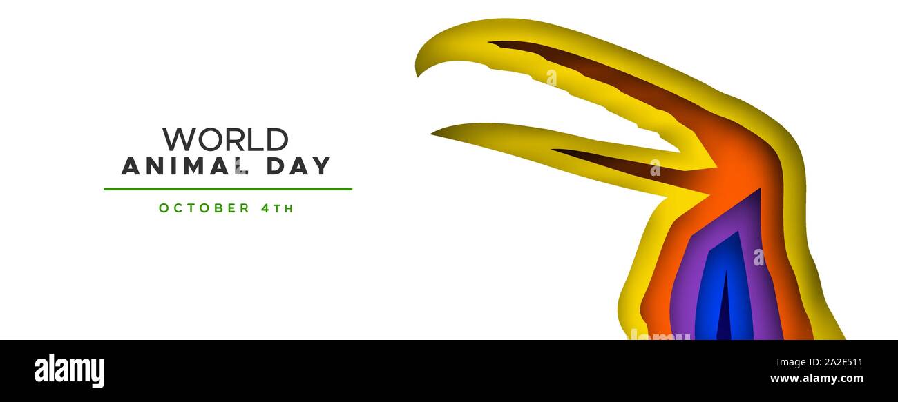 La Giornata mondiale dell'animale papercut banner per il sito web di strati colorati toucan bird ritaglio. Specie in via di estinzione concetto di conservazione, la tutela della fauna selvatica desi vacanze Illustrazione Vettoriale