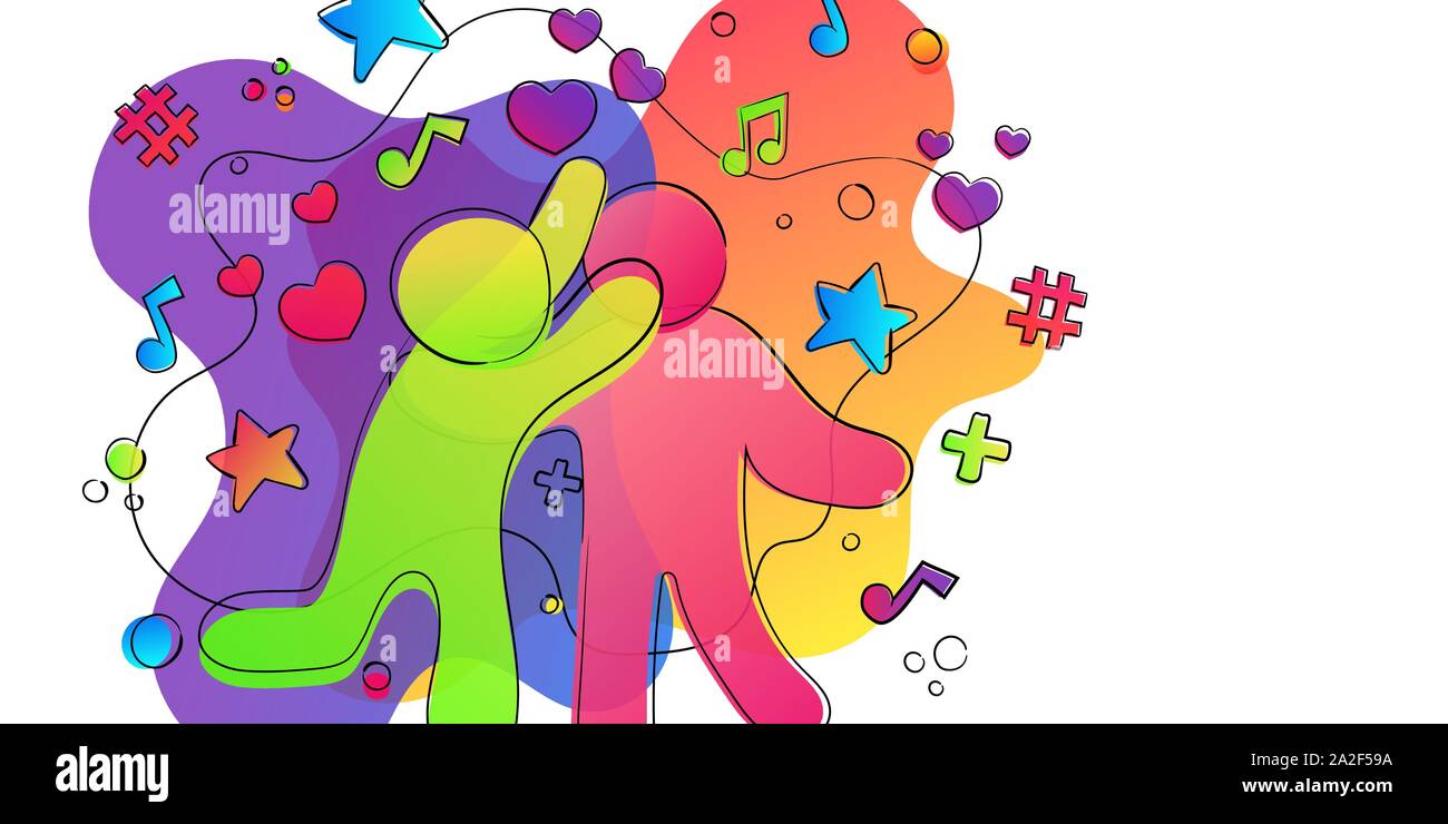 Il concetto di amicizia di felice amici ballare insieme con colorati social media icone e cuori. Illustrazione Vettoriale