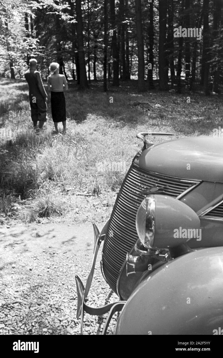 Autofahrer bei einem Zwischenstop im Wald bei San Märgen im Südschwarzwald, Deutschland 1930er Jahre. I conducenti di auto facendo una pausa in un bosco vicino a San Märgen nella Foresta Nera meridionale, Germania 1930s. Foto Stock