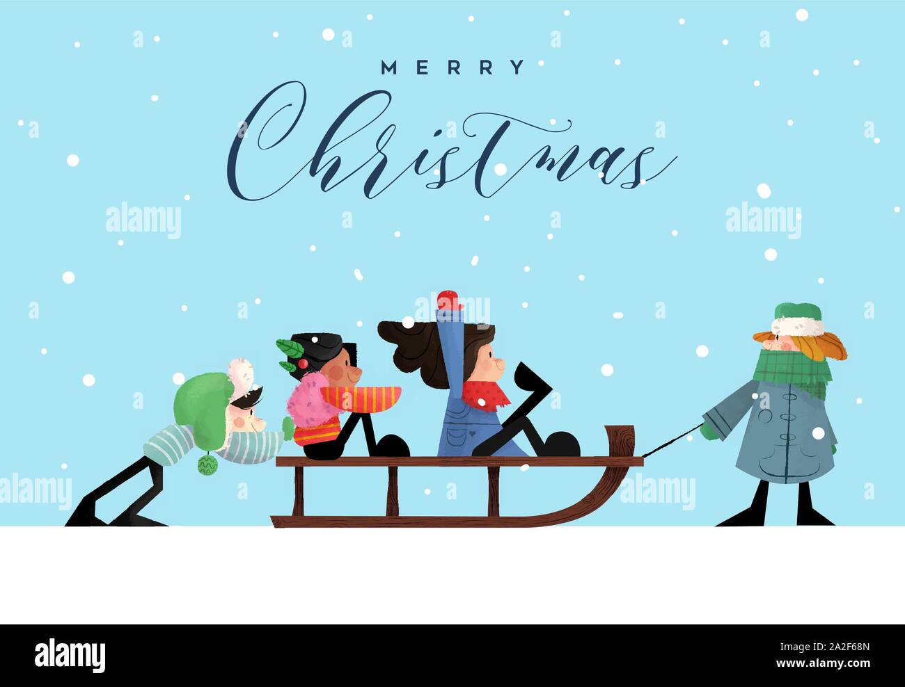 Merry Christmas greeting card illustrazione dei bambini divertenti sulla slitta in mano disegnato in stile cartone animato. Stagione invernale scena per il festoso evento xmas. Illustrazione Vettoriale