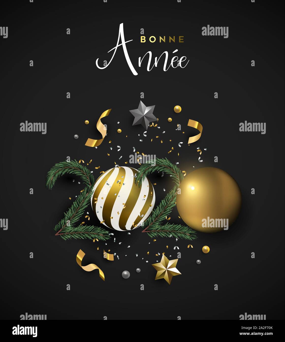 Felice Anno Nuovo Lingua Francese Biglietto Di Auguri Del 3d Decorazione Di Vacanza Realistico Di Lusso Ornamento Xmas Layout Include Gold Ninnolo Stelle E Pino Immagine E Vettoriale Alamy