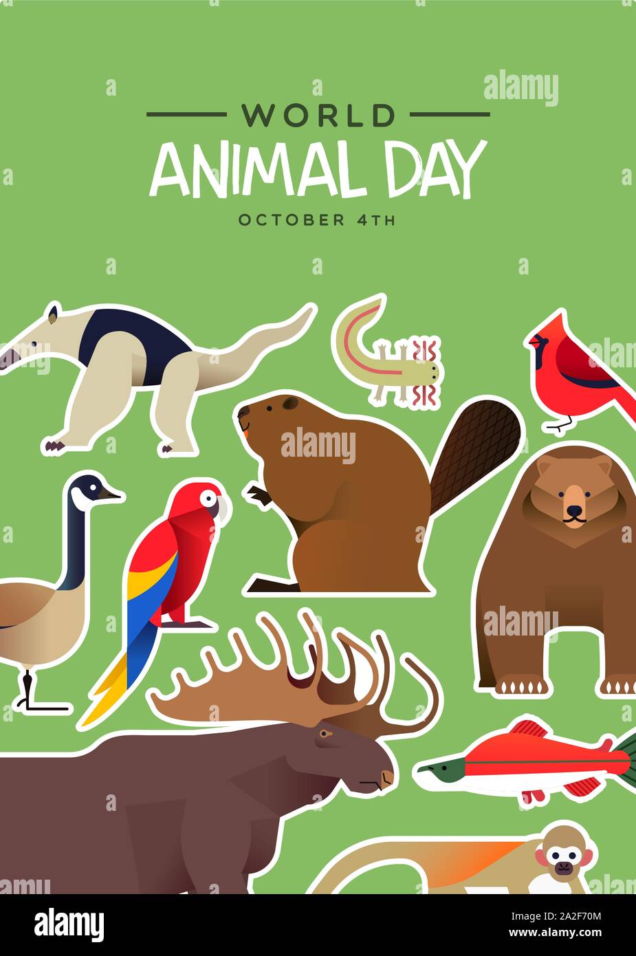 La Giornata mondiale dell'animale illustrazione di graziosi animali selvatici adesivi in moderno appartamento in stile cartone animato. Varietà di flora e fauna fauna include l'orso bruno, jungle monkey, m Illustrazione Vettoriale