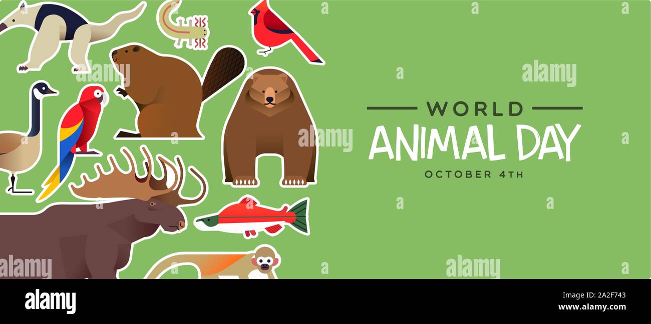 La Giornata mondiale dell'animale banner di graziosi animali selvatici adesivi in moderno appartamento in stile cartone animato. Varietà di flora e fauna fauna include l'orso bruno, jungle monkey, alci, Illustrazione Vettoriale