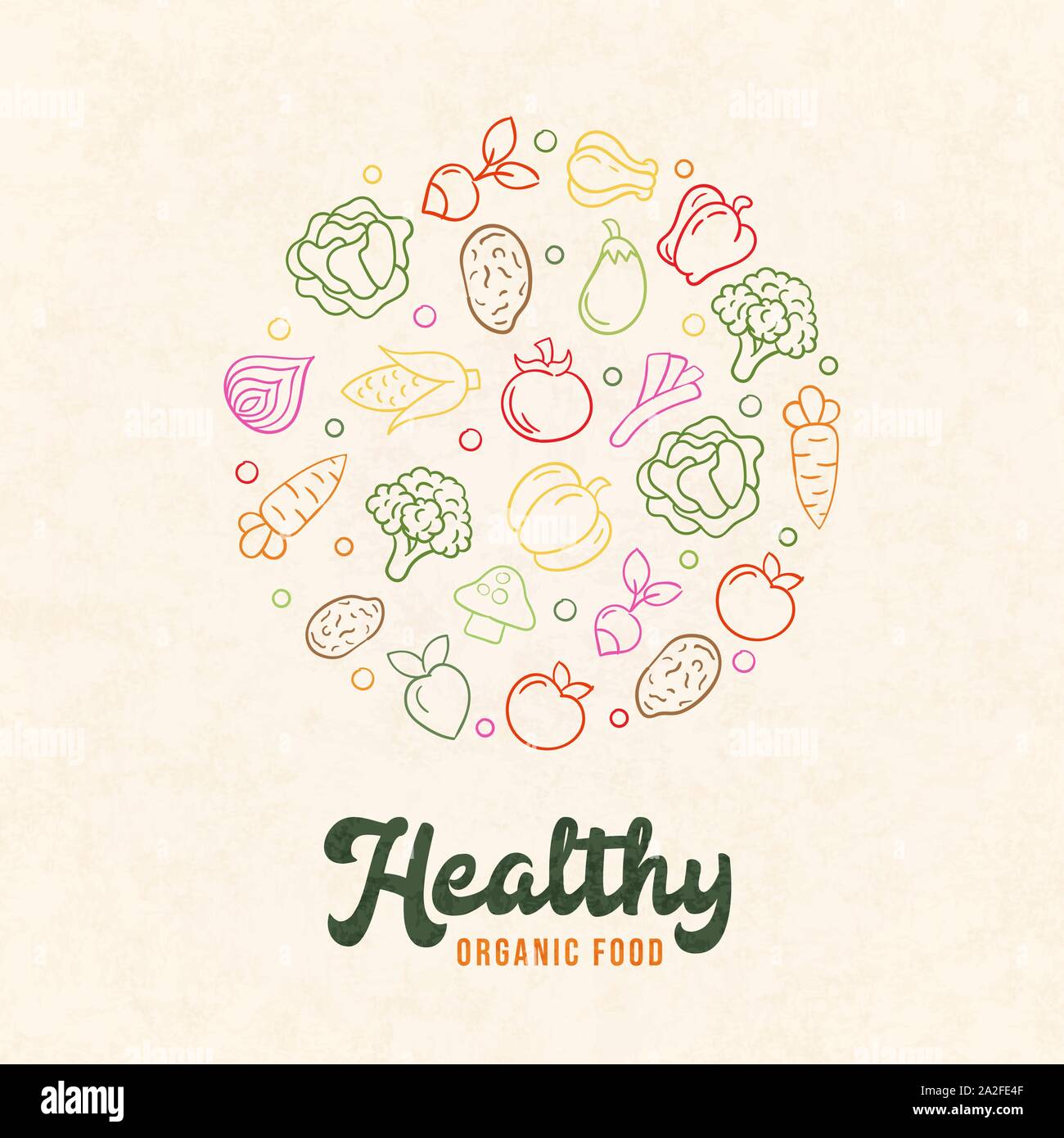 Alimenti biologici illustrazione di colorati disegnati a mano le icone di vegetali in stile contorno. Nuovo concetto di prodotto per una sana dieta o di cottura Ingredienti. Illustrazione Vettoriale