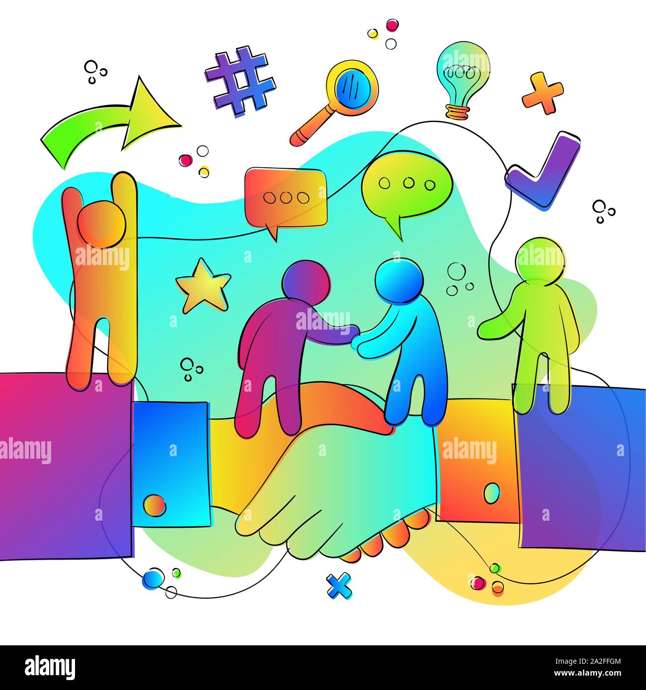 Happy team con grandi persone si stringono la mano e colorate icone sociale in stile gradiente. Affare del concetto di gruppo di lavoro o di comunicazione online. Illustrazione Vettoriale