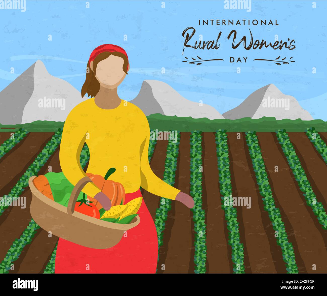 Le donne delle zone rurali del giorno greeting card illustrazione della fattoria donna lavoratrice in agricoltura verde paesaggio del campo Azienda vegetale organico cestello. L'agricoltore femmina Illustrazione Vettoriale