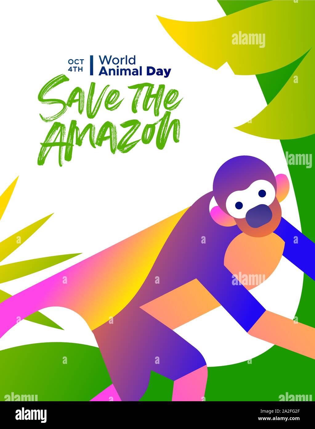 Per salvare l'Amazzonia illustrazione per la Giornata mondiale dell'animale, specie in via di estinzione concetto di conservazione. Foresta pluviale brasiliana Scimmia di scoiattolo in moderno colorato fl Illustrazione Vettoriale