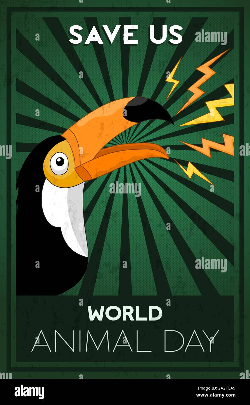 La Giornata mondiale dell'animale illustrazione della wild toucan uccello potente per i diritti degli animali della campagna o evento di conservazione. Illustrazione Vettoriale