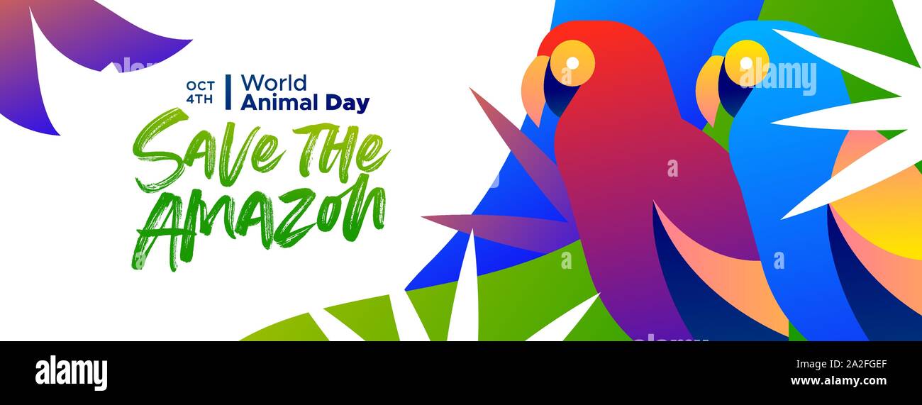 Per salvare l'Amazzonia banner web illustrazione per la Giornata mondiale dell'animale, la deforestazione della foresta pluviale consapevolezza del concetto. Colori brasiliani macaw uccelli nella moderna vib Illustrazione Vettoriale
