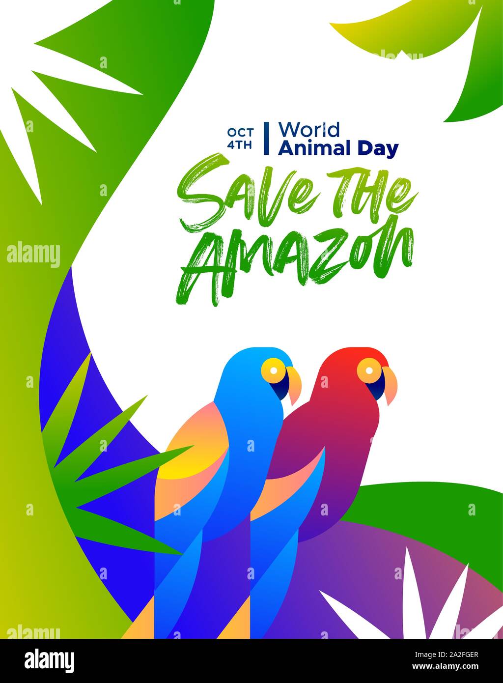 Per salvare l'Amazzonia illustrazione per la Giornata mondiale dell'animale, la deforestazione della foresta pluviale consapevolezza del concetto. Colori brasiliani macaw uccelli nel moderno e vivace flat g Illustrazione Vettoriale