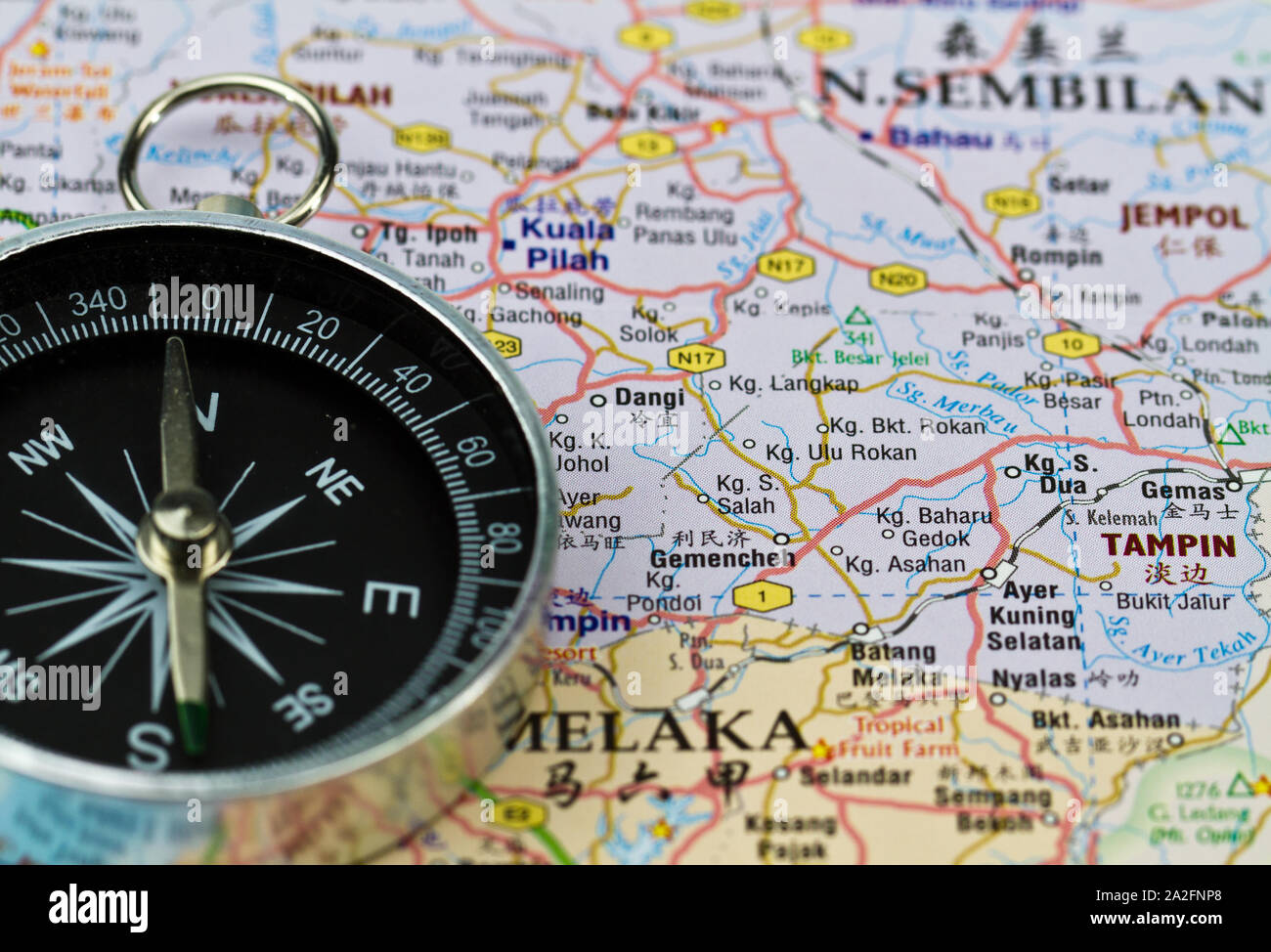 Bussola e mappa turistica della Malesia Foto Stock