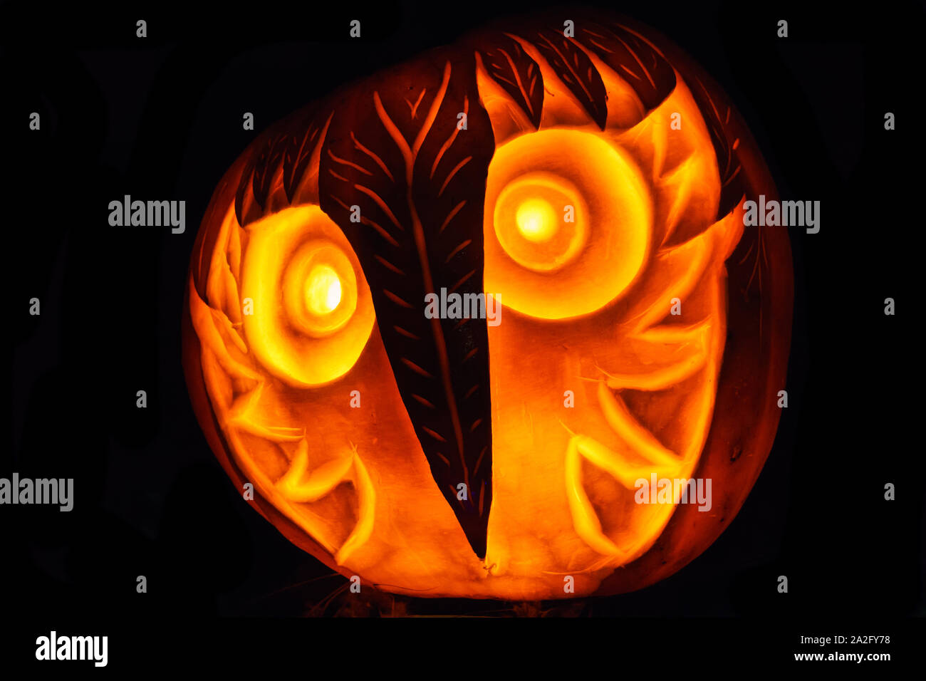 Jack O Lanterna Zucca di Halloween su sfondo nero. Vista frontale. Foto Stock