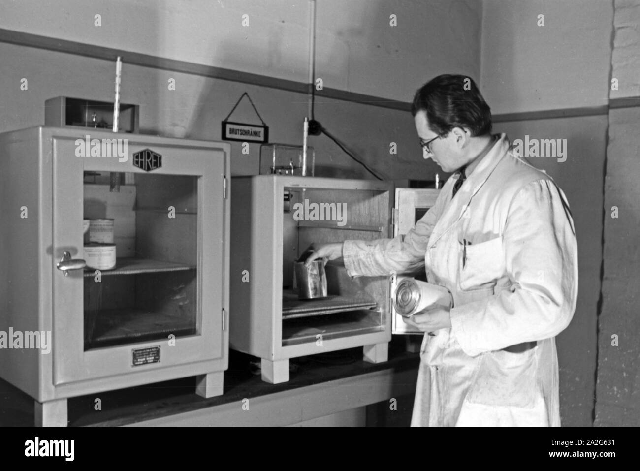 Ein Konserventechniker un einem Brutschrank im lavoro Konserventechnikum im a Magdeburgo, Deutschland 1930er Jahre. Un ingegnere di cibo in un incubatore con cibi in scatola presso il centro tecnico a Magdeburgo, Germania 1930s. Foto Stock